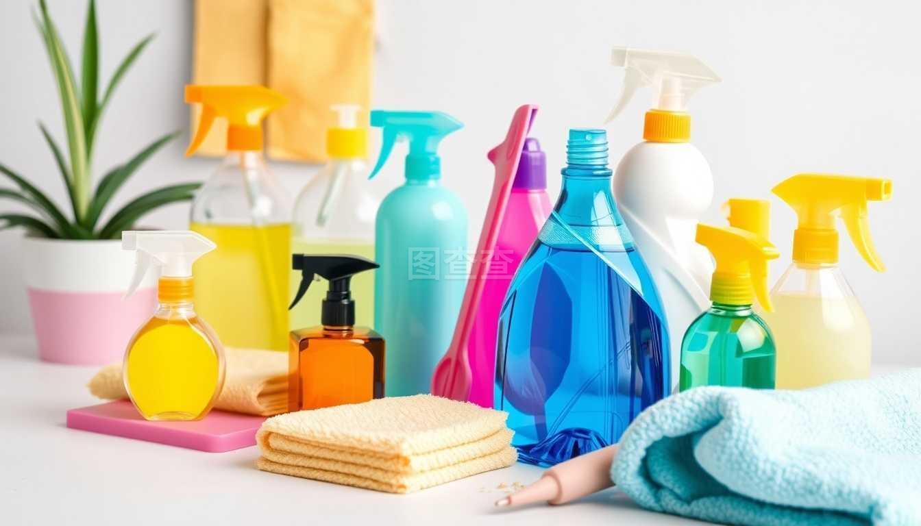 各式清洁用品,家居工作主题五彩缤纷